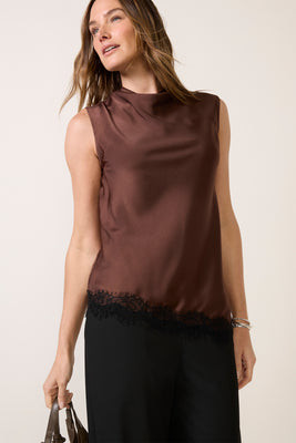 EVEREVE Women's Kinley Satin Lace Top, Size XS, Chocolate Brown | Evereve