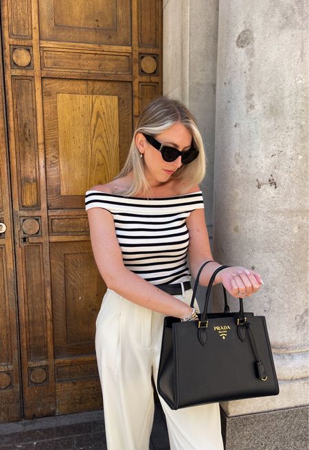 Bardot off the shoulder striped top, white trousers, leather belt, leather handbag, sunglasses

#LTKstyletip #LTKeurope #LTKSeasonal