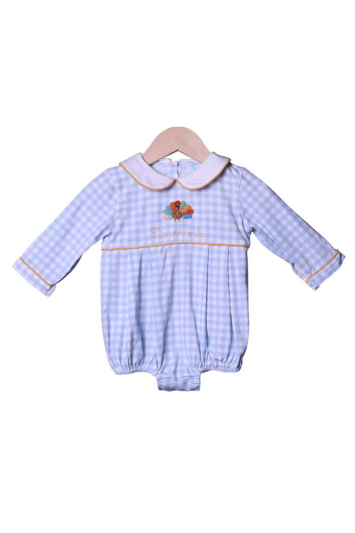 French Knot Blue Gingham Give Thanks Turkey Bubble | The Smocked Flamingo