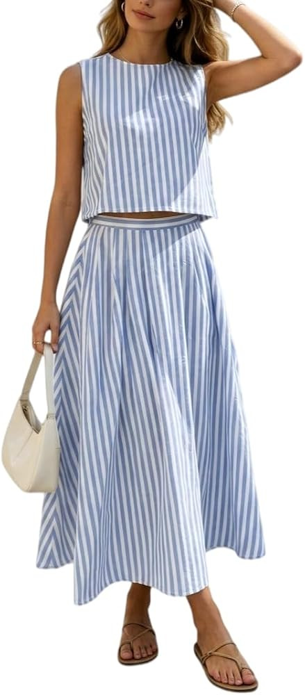2026 Women Summer 2 Piece Skirt Set Striped Sleeveless Tank Top Matching Midi Dress Travel Vacati... | Amazon (US)