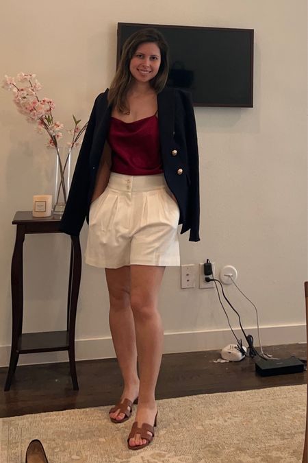 Spring outfit, white shorts, Veronica beard shorts, Veronica beard blazer, navy blazer, Alice + Olivia silk cami, red, white and blue outfit, nautical aesthetic, Americana, Hermes sandals, Hermes oran, French girl style 

#LTKstyletip #LTKsalealert #LTKshoecrush