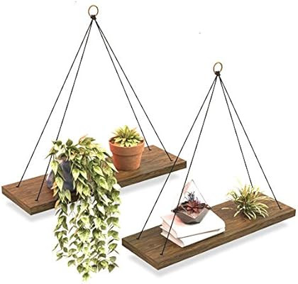 Boho Wall Hanging Shelf - Set of 2 Wood Hanging Shelves for Wall - Floating Shelves for Bedroom L... | Amazon (US)