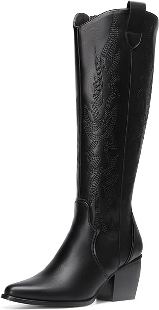 DREAM PAIRS Womens Cowboy Boots Comfortable Pull On Zipper Chunky Heel Pointed Toe Embroidered We... | Amazon (US)