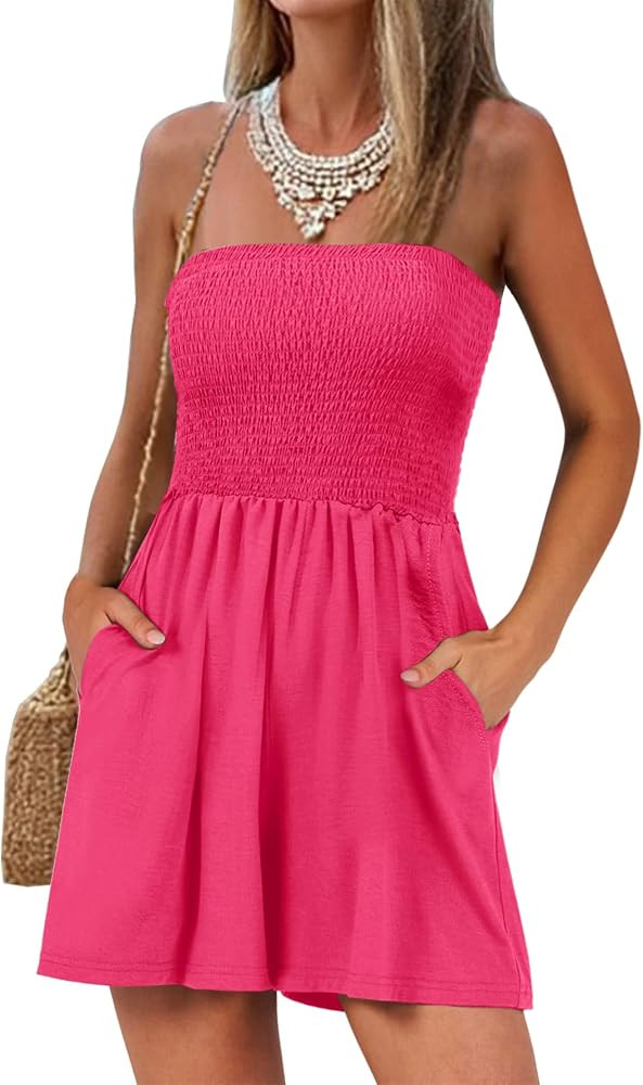 AUXDIO Women's Summer Strapless Casual Romper Smocked Backless Loose Shorts 2026 Beach Sleeveless... | Amazon (US)