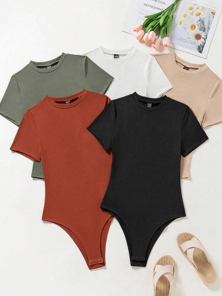 INAWLY 5pcs/Set Plus Size Casual Solid Color Short Sleeve Bodysuit | SHEIN