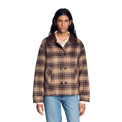 SANDRO Check coat with leather collar in Brown at Nordstrom, Size 36 | Nordstrom