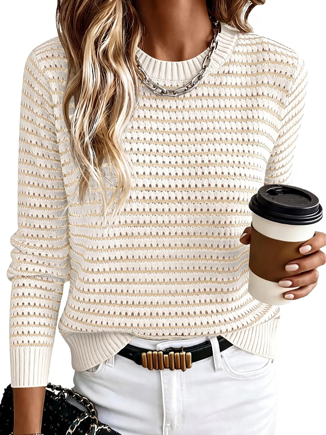 ANRABESS Womens Fall Long Sleeve Striped Crochet Sweaters Top | Amazon (US)