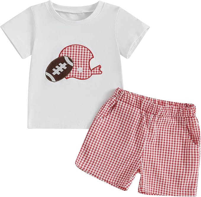 Toddler Baby Boy Football Outfit Short Sleeve Smocked Tshirt Elastic Waist Striped Shorts Two Pie... | Amazon (US)
