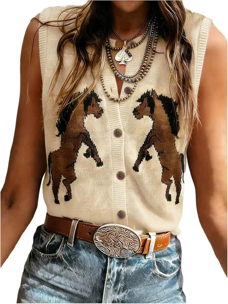 MakeMeChic Women's Horse Sweater Vest Vintage Western Outfits | Amazon (US)