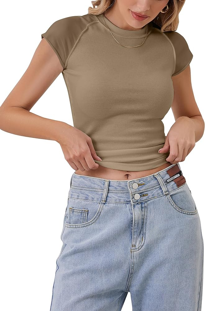 MISSACTIVER Women Cap Sleeve Ribbed Knit T-Shirt Summer Crew Neck Basic Tee Shirts Casual Solid S... | Amazon (US)