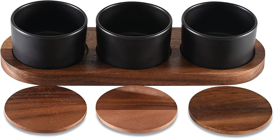 Black Ceramic Condiment Set on Acacia Wood Base | Amazon (US)