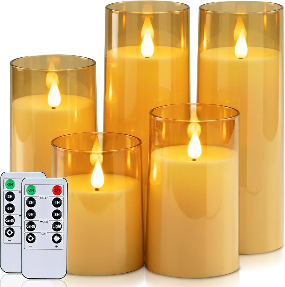 Homemory Amber Flickering Flameless Candles, Battery Operated Acrylic LED Pillar Candles with Rem... | Amazon (US)