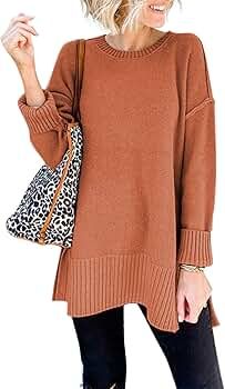 MEROKEETY Women's Casual Crew Neck Side Split Pullover Sweater Loose Long Sleeve Jumper Top | Amazon (US)