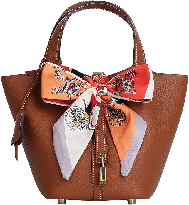 Genuine Leather Bucket Bag with a Scarf for Women Handbag tote bag with metal clasp, market tote ... | Amazon (US)