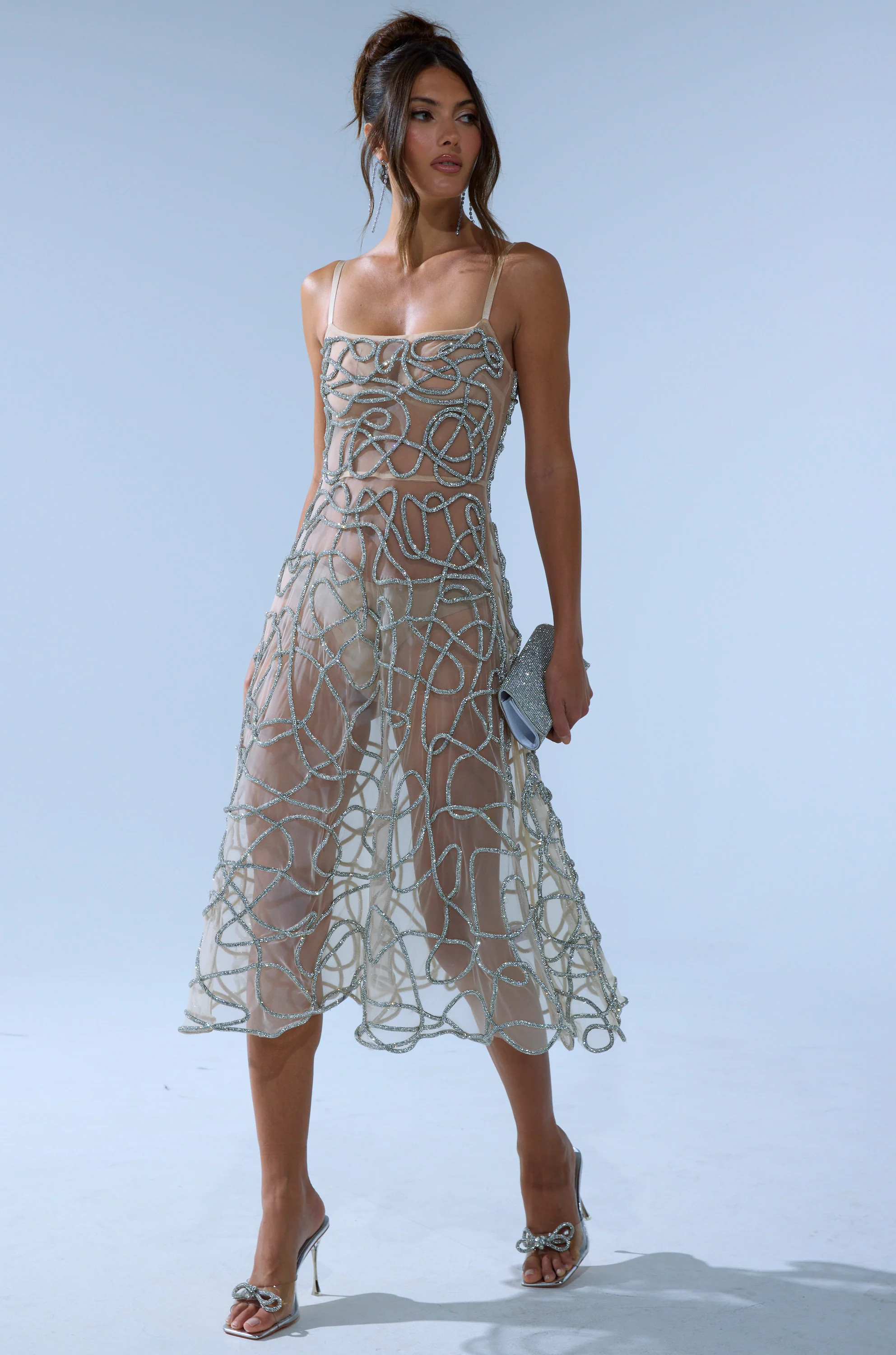 RIGHT THIS WAY RHINESTONE MIDI DRESS IN NUDE | AKIRA