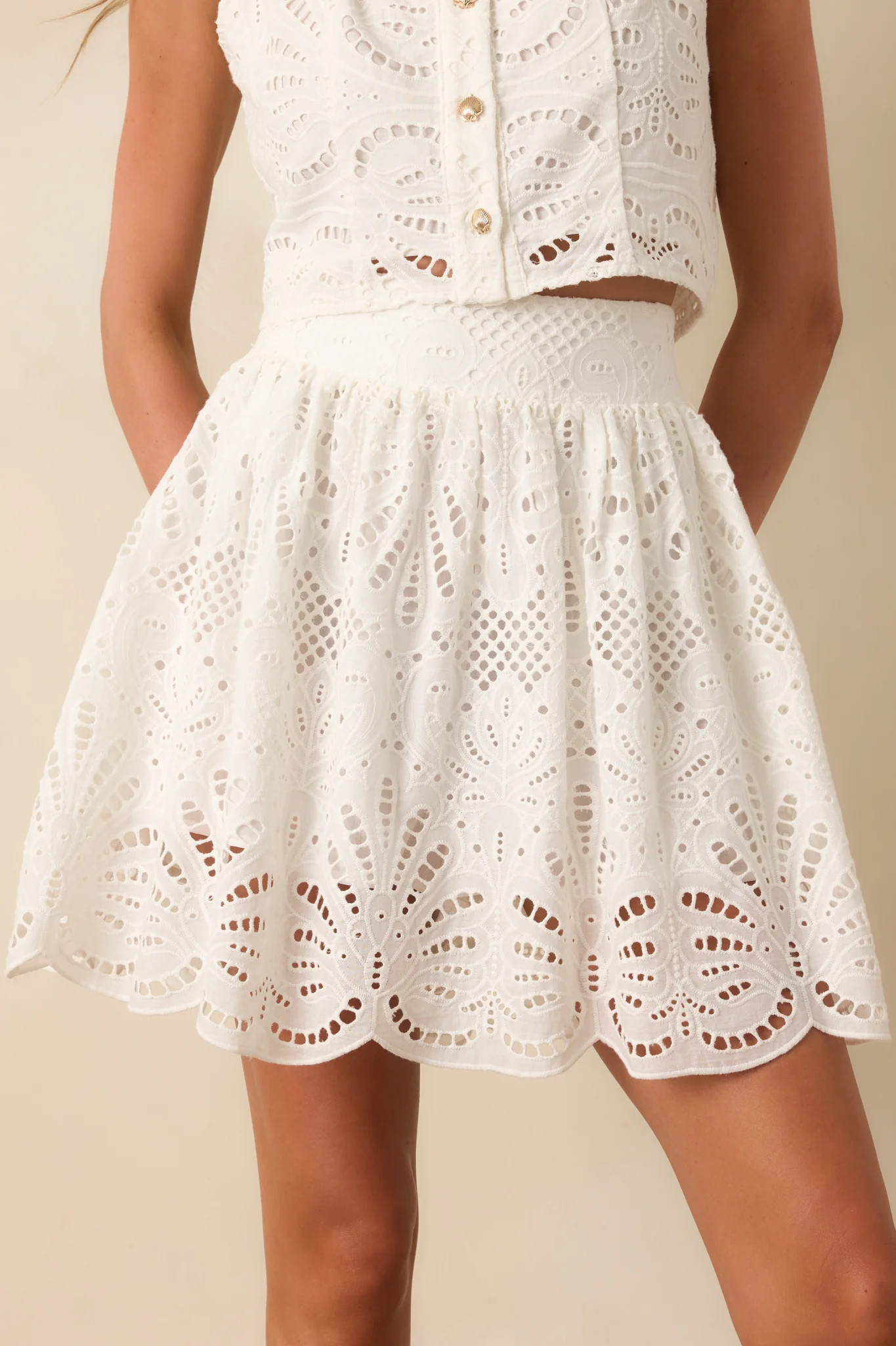 Paradisa Iona White Palm Lace Cotton Mini Skirt | Red Dress