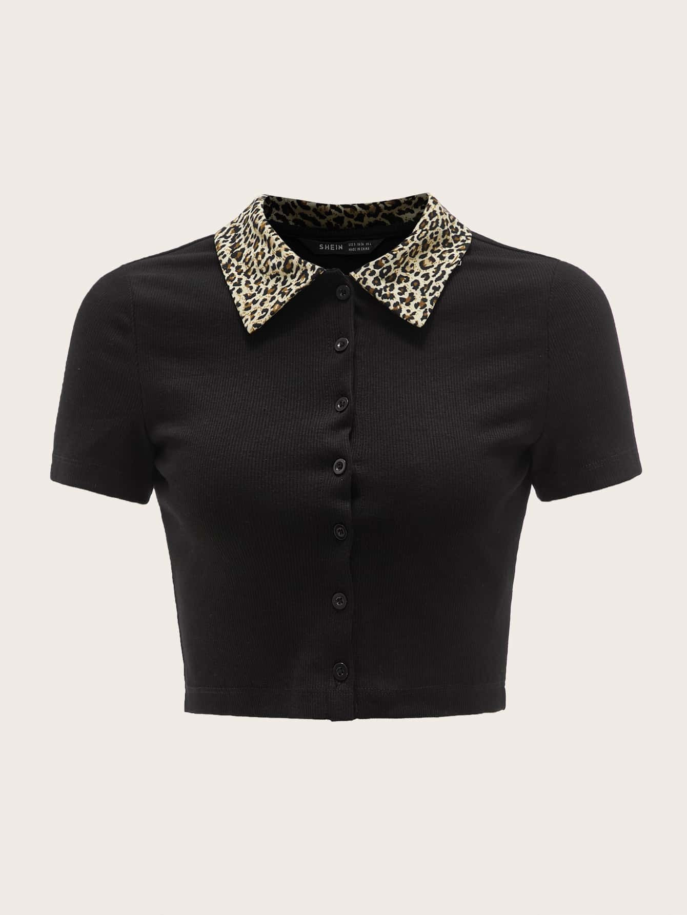 SHEIN Leopard Collared Buttoned Front Crop Top | SHEIN