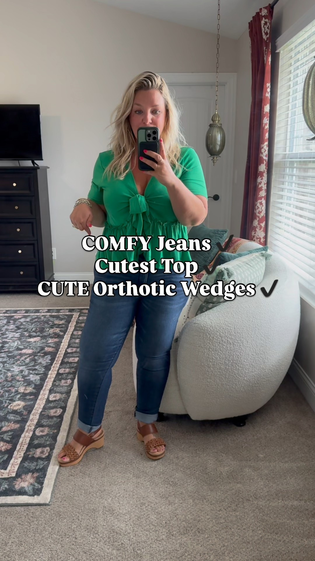 THE BEST, MOST COMFY JEANS EVER! They come in tons of washes & styles (I have black & white too) if skinny isn’t your thing! The interior elastic band makes these so comfy & they look like normal jeans on the outside! I’m wearing my true L in the shirt & 12 in the jeans, I am 5’2” but got the regular length & rolled them!

I cannot get over that these wedge heels are ORTHOTIC! Like walking on CLOUDS! The most comfy shoes!!

I got this lil ruffle hem short sleeve top in several colors! Under $20 on amazon! Perfect to transition summer to fall!

#LTKOver40 #LTKMidsize #LTKPetite