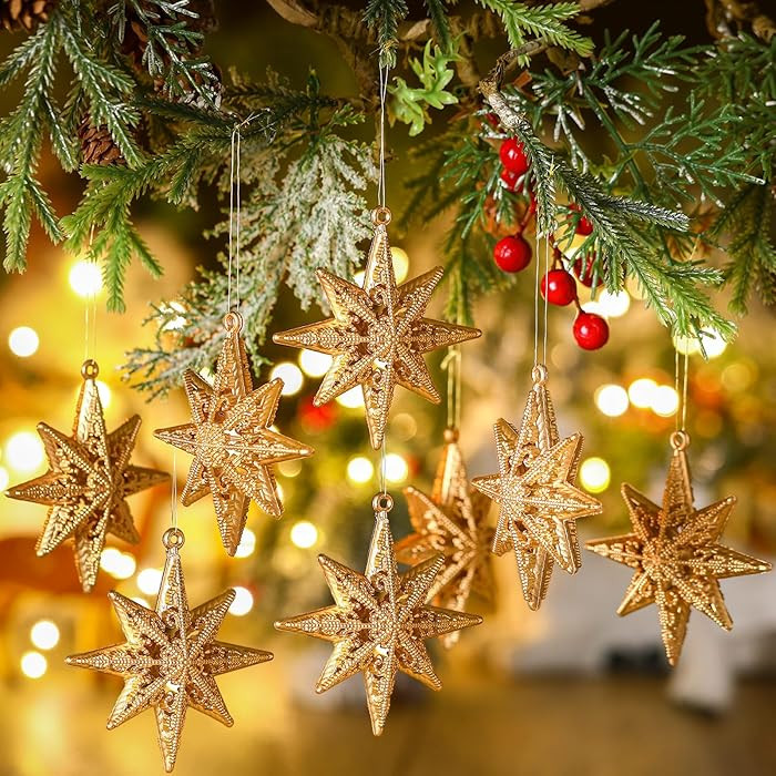 Civaner 24 Pcs Gold Ornaments for Christmas Tree 3.15 Inch Bethlehem Star Ornament 8 Point Gold G... | Amazon (US)