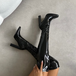 Ron Black Stretch Patent Block Heel Knee Boots | Simmi Shoes