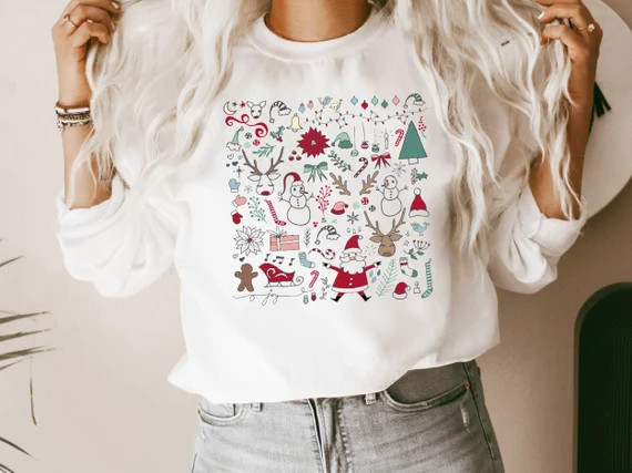 Christmas Sweatshirt, Christmas Doodles, Little Things Favorites, Xmas Snowman Santa Reindeer, Cr... | Etsy (US)