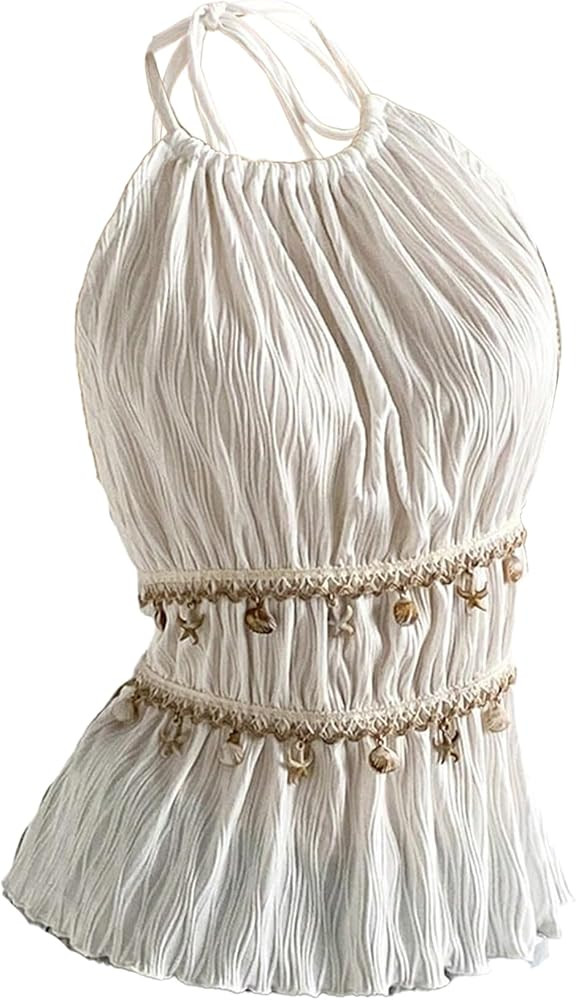 OYOANGLE Women's Sheer Cami Halter Top Textured Backless Starfish Sleeveless Summer Beach Vacatio... | Amazon (US)