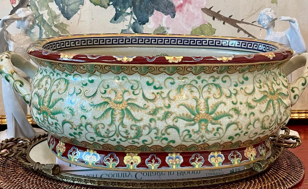 Extra Large 19.5" Vintage Chinese Footbath, Verdant Chinoiserie Floral Scroll Pattern, Aquatic Ba... | Etsy (Global)