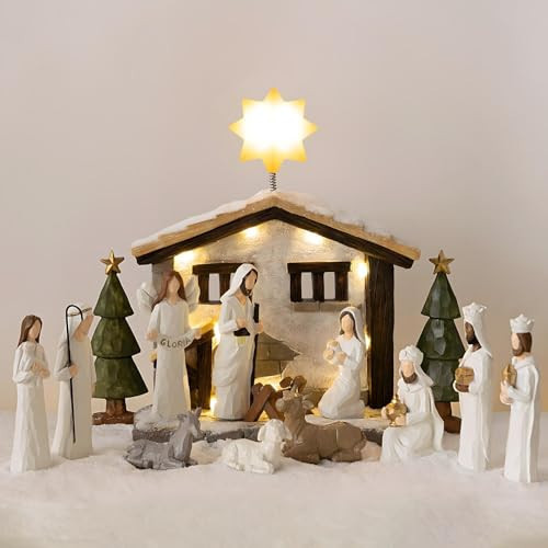 Nativity Set Indoor – 15 Pieces Christmas Nativity Scene Set with Manger, LED Star, Angel with Gloria Banner, Wooden Style Nativity Sets & Figures for Kids and Family Holiday Christmas Décor | Amazon (US)