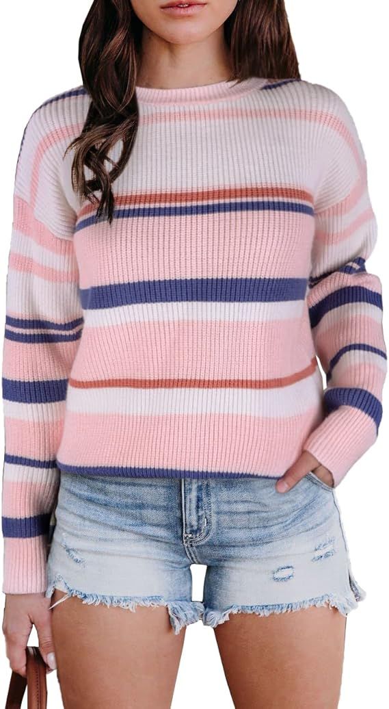dowerme Women’s Cute Striped Print Sweaters Long Sleeves Fashion Sweater Boat Neck Casual Knitt... | Amazon (US)