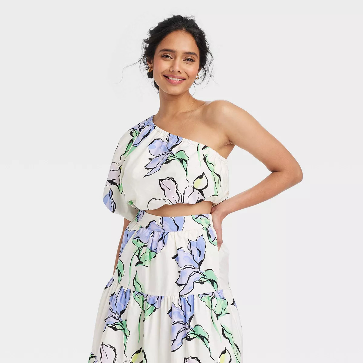 Women's Balloon Sleeve Asymmetrical One Shoulder Blouse - A New Day™ White Floral XL | Target