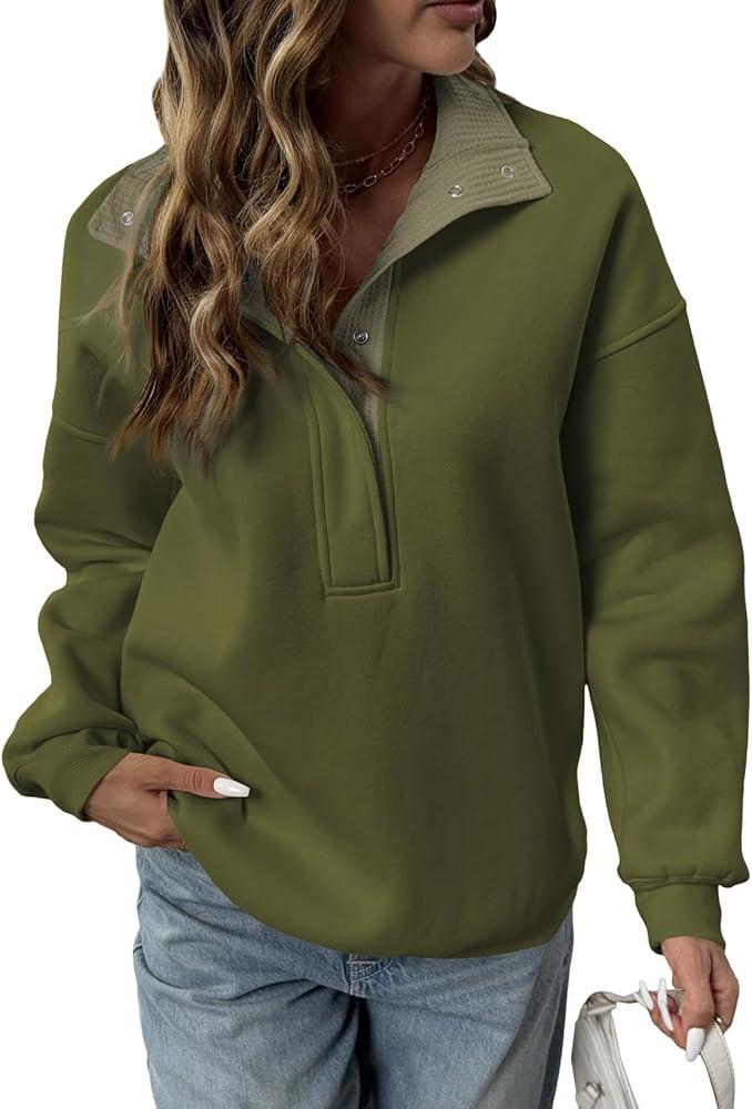 BLENCOT Mock Neck Sweatshirt for Women Quarter Button Long Sleeve Oversized Pullover Trendy Tops | Amazon (US)