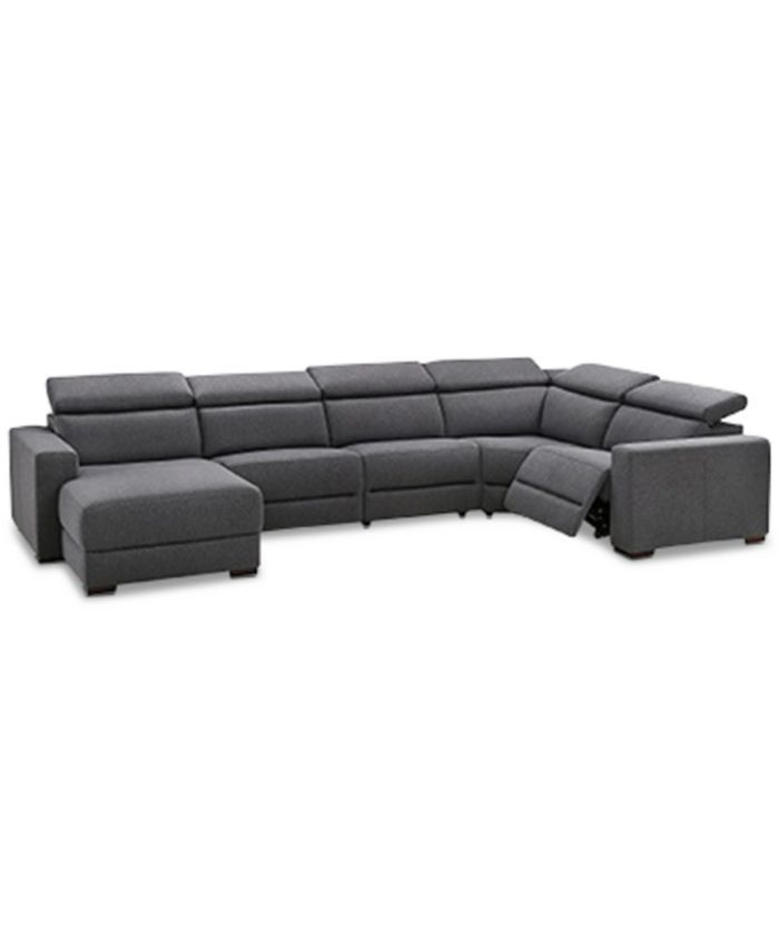 Nevio 124" 5-Pc. Fabric Sectional Sofa with Chaise, 1 Power Recliner and Articulating Headrests, ... | Macys (US)