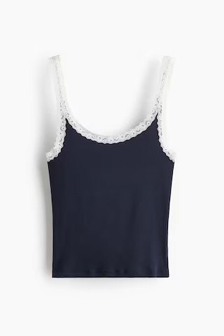 H & M - Lace-Trimmed Tank Top - Navy Blue | H&M (US + CA)