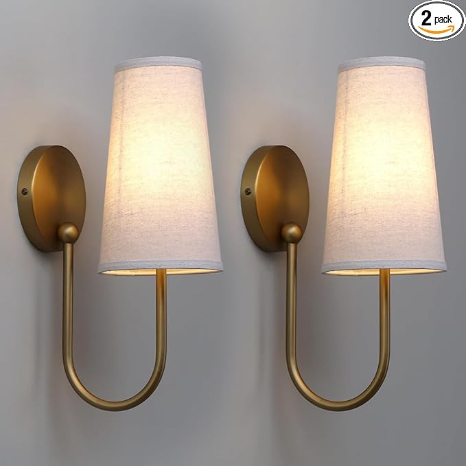 Yosoan Brass Linen Fabric Shade Wall Sconce Set of 2, Vanity Aged Vintage Industrial Hardwired Go... | Amazon (US)