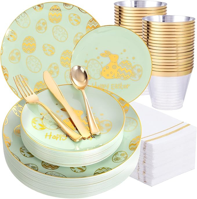 Festiva 175Pcs Easter Plates and Napkins Disposable - Green and Gold Plastic Dinnerware Set for 5... | Amazon (US)