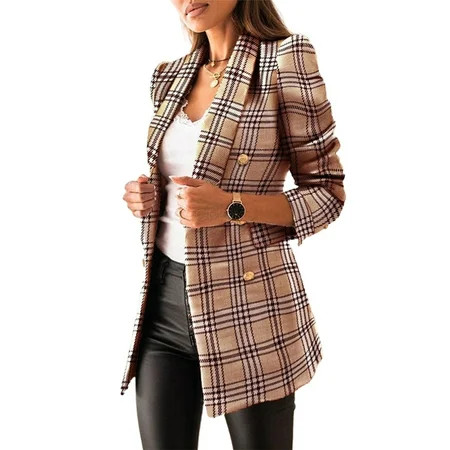 Womens Grid Lapel Double Breasted Blazer Plaid Work Formal Blazers Jacket | Walmart (US)