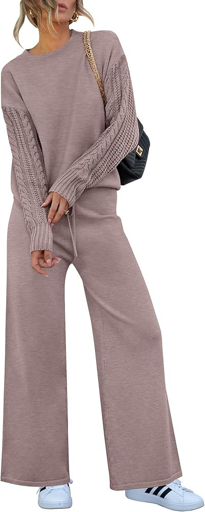 ANRABESS Women 2 Piece Outfits Sweater Sets Cable Knit Long Sleeve Pullover and Wide Leg Pants Tr... | Amazon (US)