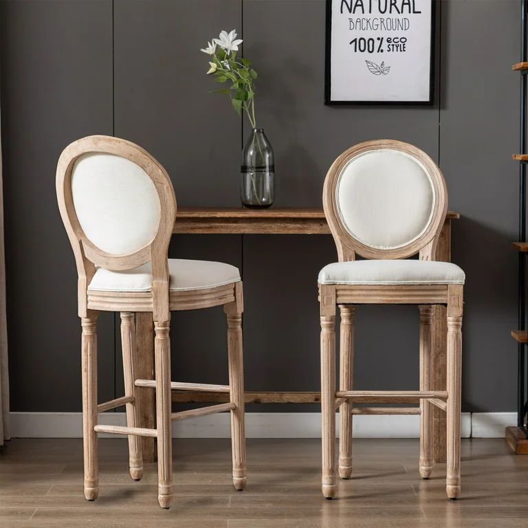 French Country Wooden Barstools With Upholstered Seating , Beige and Natural ，Set of 2 - Walmar... | Walmart (US)