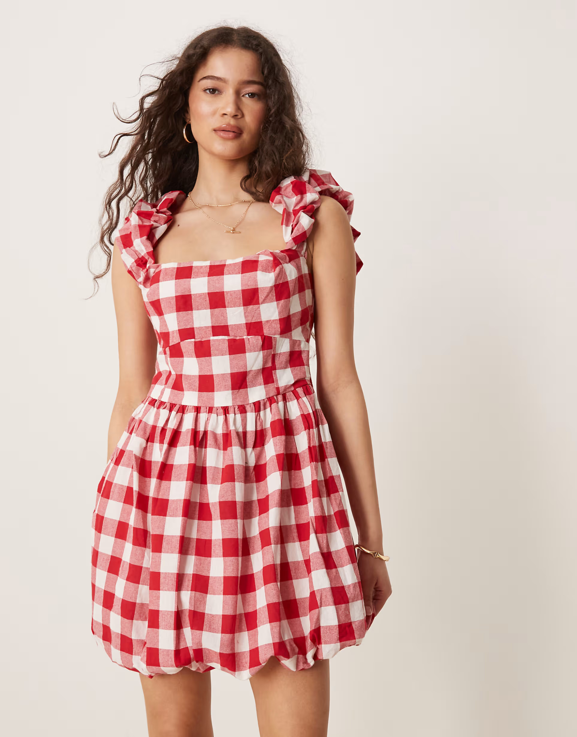 ASOS DESIGN square neck mini smock dress with bubble hem in red gingham | ASOS (Global)