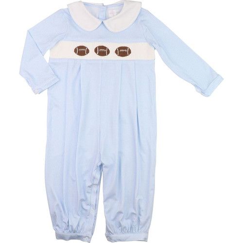 Blue Knit Gingham Smocked Football Long Romper | Cecil and Lou