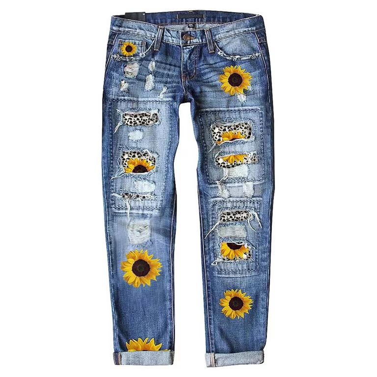 Dokotoo Women's Straight Leg Jeans Sunflower Printed Denim Pants Mid Waist Jeans Patch Ripped Tro... | Walmart (US)