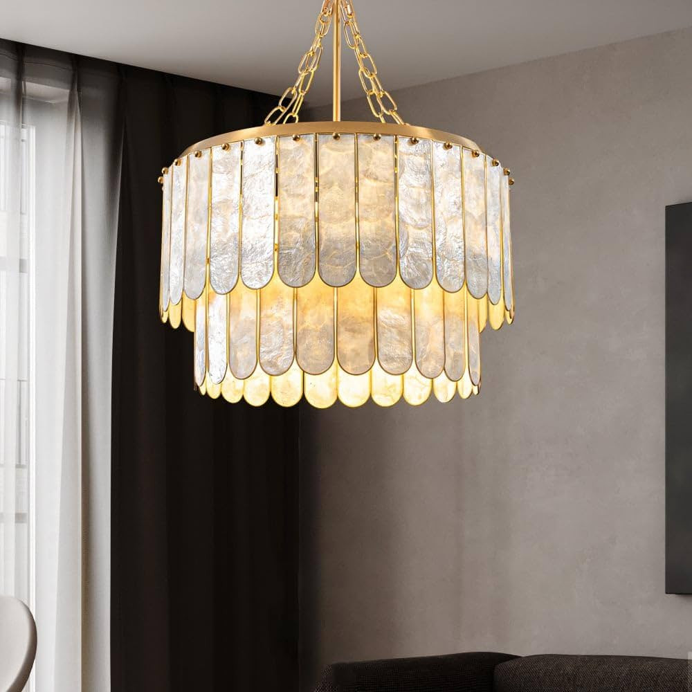 Weibath 5-Light Chandelier Shell 2 Tiered Faceted Gold Chandeliers for Dining Room Modern Pendant... | Amazon (US)