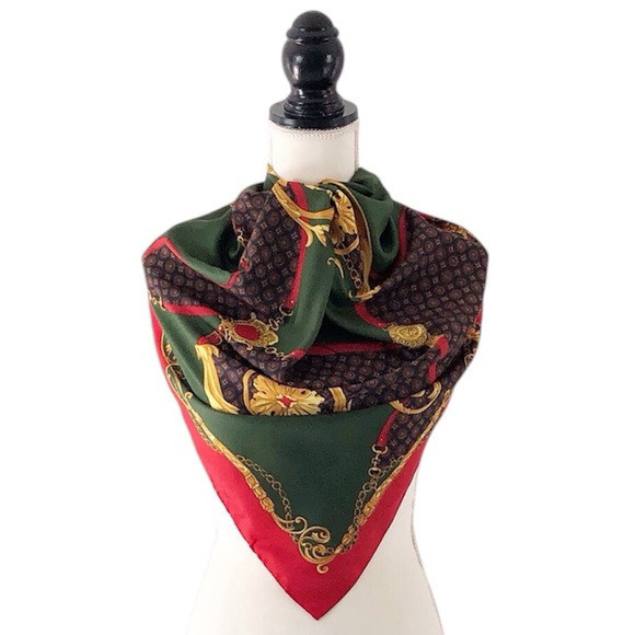 Vintage Women’s Red, Green, Navy & Gold Horsebit Pattern Scarf - 30” Square | Poshmark