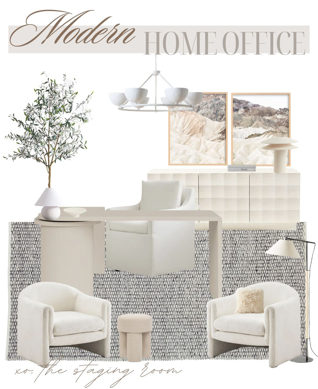 Modern home office

___

productivity, home office, wfh set up, beautiful office, home decor, interior design, desk, office furniture, desk chair, office storage, area rug, chandelier, office rug, accent chairs 

 