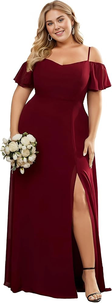 Ever-Pretty Plus Women's Off Shoulder Ruffles Sleeves Side Slit Chiffon Plus Size Bridesmaid Dres... | Amazon (US)