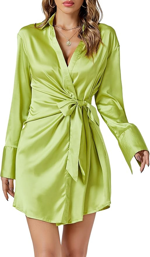LYANER Women's Satin Silky Collar Wraped Waist Tie Long Sleeve Mini Dress | Amazon (US)