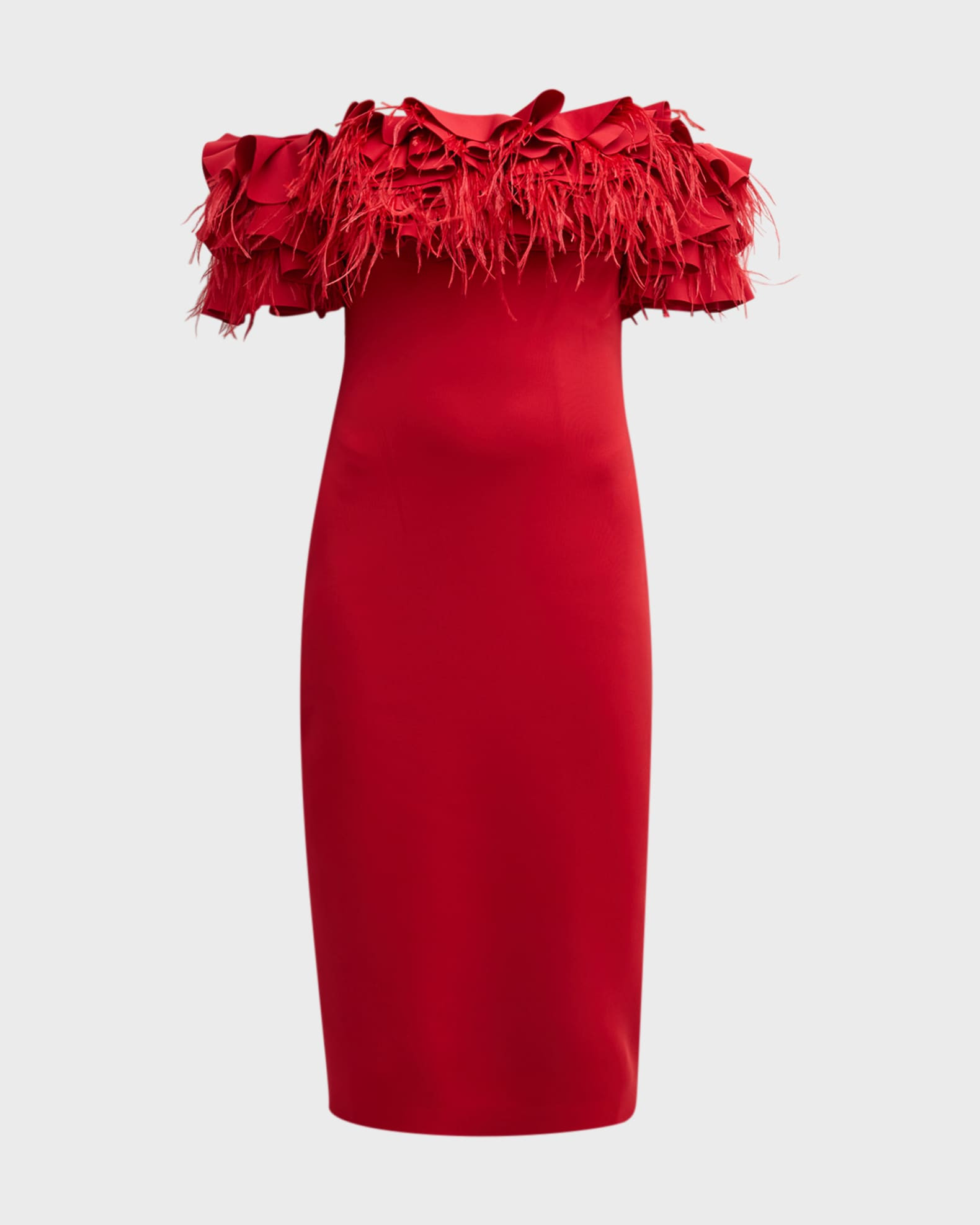 Off-Shoulder Feather Ruffle Midi Dress | Neiman Marcus