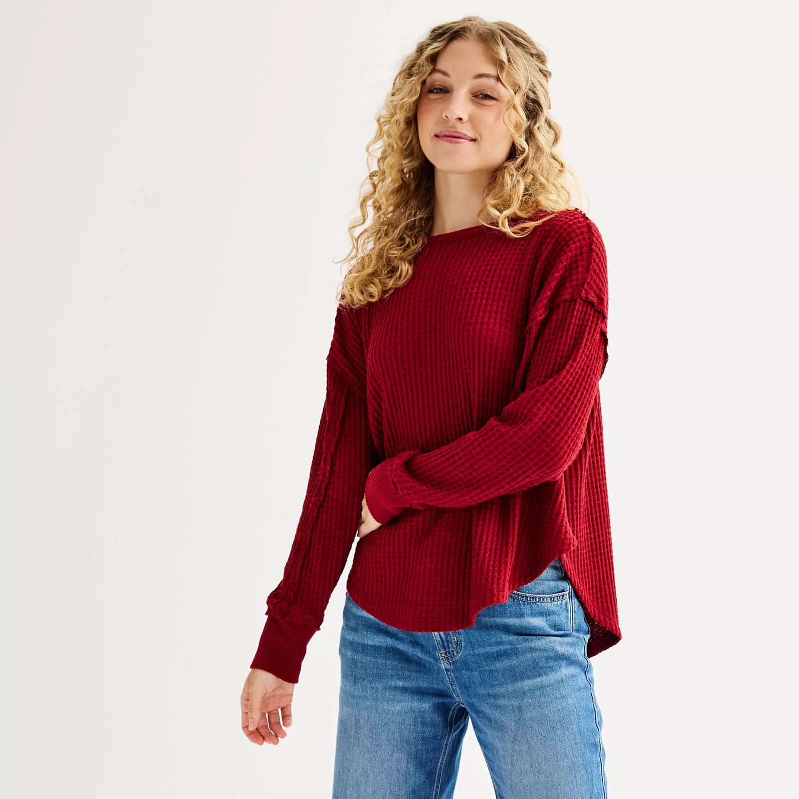 Juniors' SO® Oversized Cozy Swing Waffle Top | Kohl's