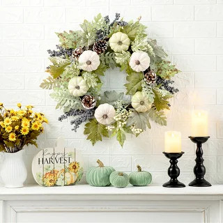 Glitzhome Pumpkin Green Leaf Berries Wreath Set - On Sale - Overstock - 31579430 | Bed Bath & Beyond