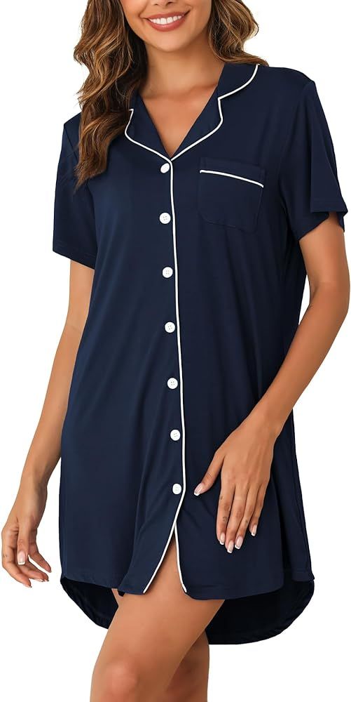 Hagmeu Women's Nightgown Short Sleeve Pajama Dress Soft Button Down Sleep Shirts Comfy Boyfriend ... | Amazon (US)